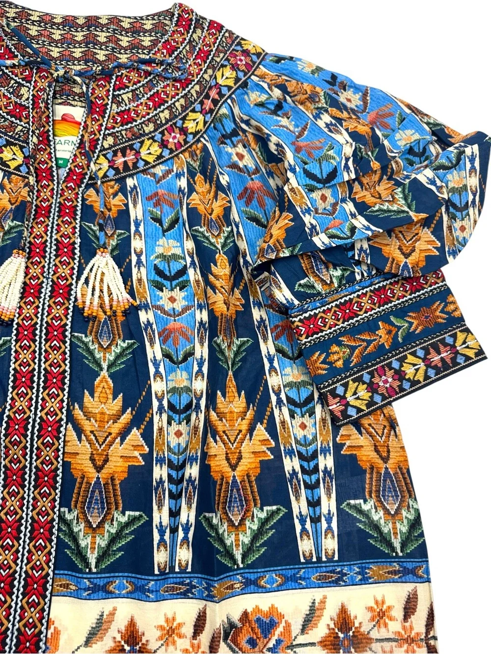 NWT FARM Rio Embroidered Tapestry Blue Short Sleeve Blouse Size Medium